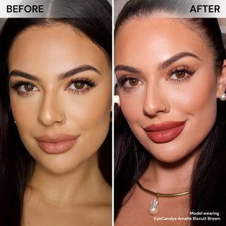 Side-by-side comparison of a woman’s face before and after makeup and natural lens; the "before" features nude lipstick, while the "after" shows bold red lips and enhanced brown eyes with EyeCandys Amelie Biscuit Brown lenses.
