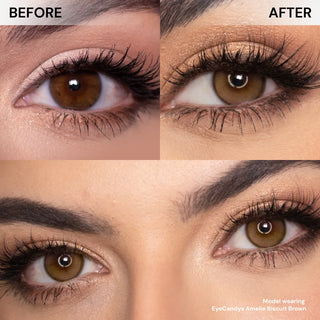 Close-up comparison of a woman's eyes before and after wearing EyeCandys Amelie Biscuit Brown lenses. The "before" shows natural brown eyes, while the "after" reveals enhanced, brighter brown eyes with EyeCandys Amelie Biscuit Brown.