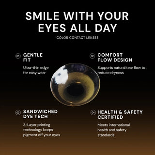 EyeCandys Amelie Biscuit Brown circle lens is shown centered on a black background, with white text highlighting four benefits: gentle fit, comfort flow design, sandwiched dye tech, and health & safety certification.