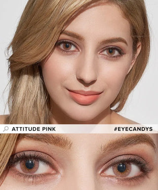 A woman with light brown hair and pink lipstick looks at the camera. The top shows her face; the bottom zooms in on her eyes wearing EyeCandys Attitude Glitter Set (For Party Looks) colored contact lenses. Text reads "ATTITUDE PINK" and "#EYECANDYS.