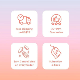 Four icons: a truck for free shipping on US$75+, a thumbs-up for 30-day guarantee, coins to earn CandyCoins, and a tag for subscribe & save—great perks when shopping EyeCandys Powerglow Bluish Purple colored contact lenses. Pink-orange gradient background.