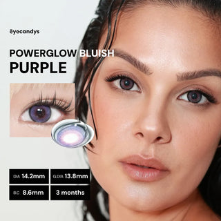 A woman with smooth skin wears an EyeCandys Powerglow Bluish Purple contact lens on her right eye, with the left cosplay lens shown in close-up. Specs: DIA 14.2mm, G.DIA 13.8mm, B.C 8.6mm, usable for 3 months.