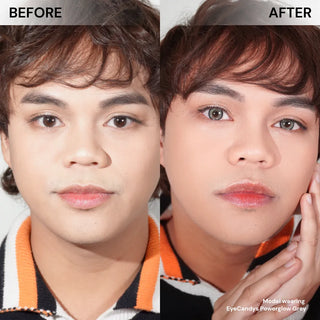Before and after of model’s face wearing EyeCandys Powerglow Grey prescription colored contact lenses, showing bold yet natural grey eye transformation