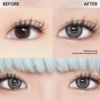 Collage showing before and after eyes wearing EyeCandys Powerglow Grey prescription colored contact lenses, with close-up shots of eyes wearing the lenses below. Natural grey cosmetic and prescription color contacts for bold yet realistic eye enhancement