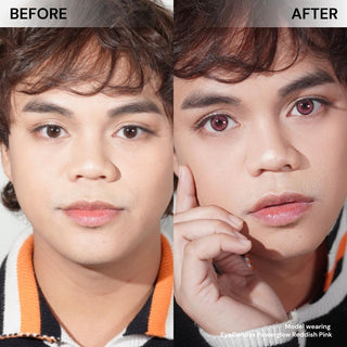 Side-by-side close-ups labeled "Before" and "After" show natural brown eyes, then wearing EyeCandys Powerglow Reddish Pink—ultra-vibrant cosplay contacts from EyeCandys with UV protection for a bold, safe look.