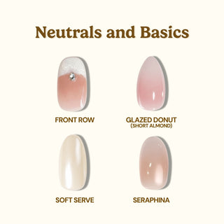 EyeCandys Neutrals & Basics Press-On Nail Set includes “Front Row” (pink ombré with rhinestone), “Glazed Donut” (glossy pale pink almond), “Soft Serve” (creamy off-white), and “Seraphina” (sheer pink) salon gel manicures.