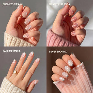 The EyeCandys The Short Oval Edit Press-On Nail Set showcases four hands with sheer nude (Business Casual), pinkish nude (Grapefruit Soda), natural French tips (Bare Minimum), and nude with white polka dots (Silver Spotted) for a salon gel manicure look.