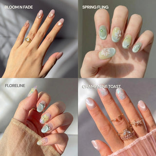 A collage of four hands displays nail art using EyeCandys' The Short & Round Edit Press-On Nail Set: nude ombre (“Bloom N Fade”), pastel green floral (“Spring Fling”), blue-white florals (“Floreline”), and sheer neutral glitter (“Champagne Toast”).