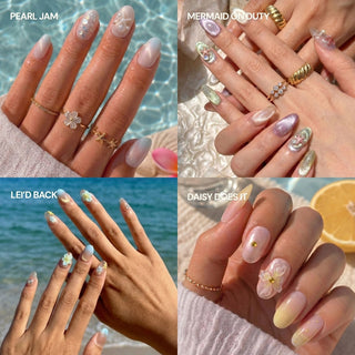 A collage shows four hands with summer nail designs: salon gel pearly white ombré, iridescent seashell art, pastel florals, and pale yellow Vacay Mode Press-On Nail Set by EyeCandys with daisy details. Each style is text-labeled.