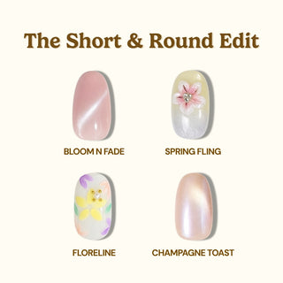EyeCandys' The Short & Round Edit Press-On Nail Set features four chic, short round designs—Bloom N Fade, Spring Fling, Floreline, and Champagne Toast—for easy, reusable salon gel manicure looks at home.