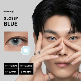 Asian male model wearing EyeCandys Glossy Blue prescription colored contact lens, vibrant and natural blue eyes, best contact lens, affordable contact lens price