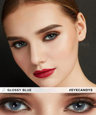 Close-up of EyeCandys glossy blue colored prescription contact lenses on a model's eyes, with a closeup of her eyes showing the natural transformative effect of the blue contacts.