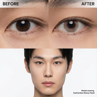 Before and after wearing EyeCandys Glossy Hazel prescription colored contact lens on male model, natural glossy hazel eye transformation, best contact lens, affordable contact lens price