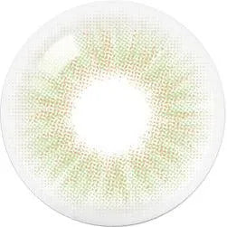 A close-up of Olola Heiress Olive contact lens by Olola, featuring a central transparent area and a radial pattern of light green and yellowish tones, designed to enhance dark eyes with prescription options.