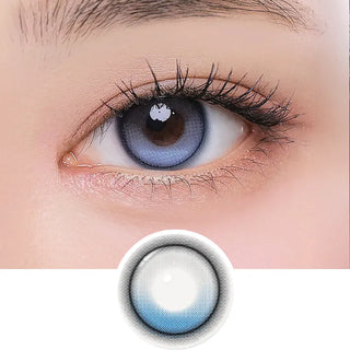 A close-up of a human eye wearing i-Girl One Pick Balance Summer Song Blue contact lenses by i-Girl, with an enlarged image of the blue lens shown below for detail.