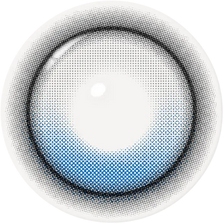 A circular design with a white center, black outline, and blue gradient halftone pattern evokes the bold K-pop look of i-Girl's One Pick Balance Summer Song Blue lenses for a stylized, comic-inspired effect.