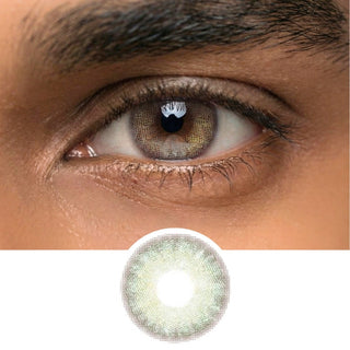 Close-up of male model’s eye wearing EyeCandys Isla Mirage Grey prescription colored contact lens, natural grey eye enhancement, best contact lens, affordable contact lens price
