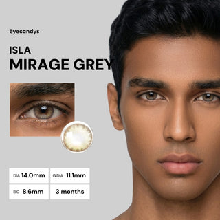Male model wearing EyeCandys Isla Mirage Grey prescription colored contact lens, natural and stylish grey eyes, best contact lens, affordable contact lens price