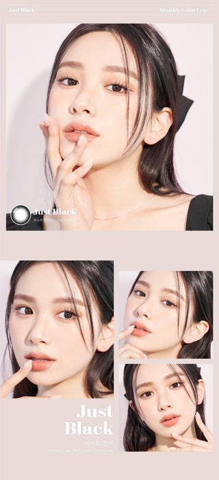 A close-up of a model demonstrating a natural makeup look with Ann365 JUST Black (Toric for Astigmatism) (1 PAIR) circle colour contacts, highlighting how well the contact lenses blend with her dark eyes.