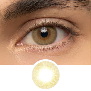 Close-up of male model’s eye wearing EyeCandys Libre Beige prescription colored contact lens, natural beige eye enhancement, best contact lens, affordable contact lens price