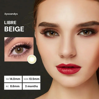 Close-up of EyeCandys Libre Beige contact lenses creating a natural beige-toned eye look
