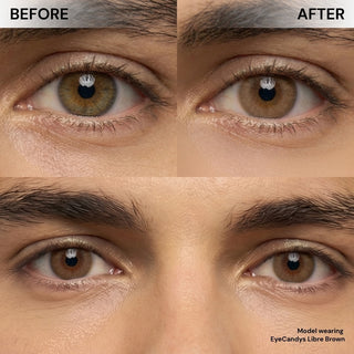 Male model before and after EyeCandys Libre Brown colored contact lens, subtle to rich brown eye enhancement, best contact lens choice, budget-friendly contact lens price
