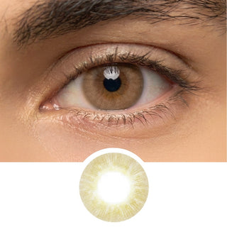 Close-up of male model’s eye wearing EyeCandys Libre Brown prescription colored contact lens, natural warm brown eye enhancement, best contact lens, affordable contact lens price