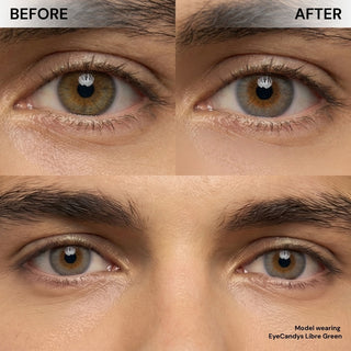 Male model before and after EyeCandys Libre Green colored contact lens, subtle to striking green eye enhancement, best contact lens choice, budget-friendly contact lens price