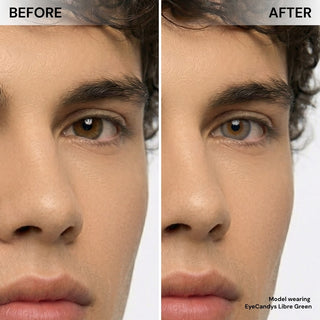 Before and after wearing EyeCandys Libre Green prescription colored contact lens on male model, natural vibrant green eye transformation, best contact lens, affordable contact lens price