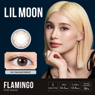 EyeCandys Lilmoon Monthly Flamingo prescription colored contact lenses on model, soft pink and grey monthly colored contacts for dark brown eyes, Japanese circle lenses with glossy romantic finish, natural eye enhancement, trending clean girl makeup look