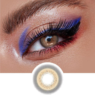 EyeCandys Pink Label Maddie Brown Color Contact Lens - Close-up view of the Maddie Grey colour contacts on dark eyes, paired with bright blue and red eyeliner and long lashes