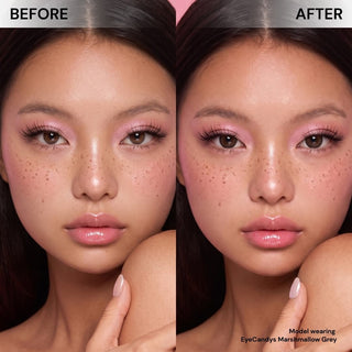 Side-by-side close-ups of a woman's face highlight a soft transformation: her eyes appear lighter grey after wearing EyeCandys Pink Label Marshmallow Grey contacts—an ideal pick for a natural smoky eye look. Text is visible in both corners.