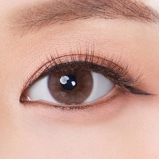 A close-up of an eye wearing Olola Mellows Cotton Brown contact lenses by Olola, featuring long lashes, subtle brown eyeshadow, thin black eyeliner, and a well-groomed eyebrow above the non-prescription lens.