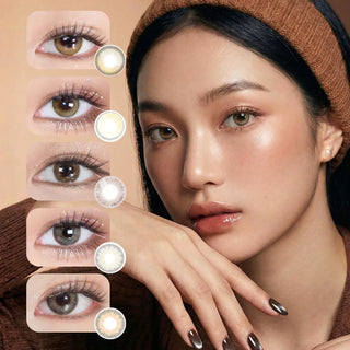 Promotional image showcasing the 'Color of 2025: Mocha Mousse Bundle,' featuring five pairs of colored contact lenses in shades like Sunlit Hazel, Biscuit Brown, Attitude Choco, Mirage Grey, and Sugarlook Brown, with a sleek and glamorous aesthetic