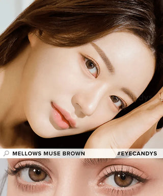 A close-up of a woman with smooth skin and brown eyes, wearing natural makeup. Her eyes are highlighted, showing Olola Mellows 1-Day Muse Brown (10pk) color contact lenses by Olola. Text reads "#EYECANDYS.