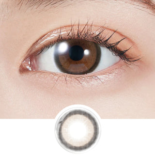Close-up of eye wearing EyeCandys Molak 1-Day Brown Bunny (10pk) prescription colored contact lens with lens design shown below, soft milk chocolate brown color, natural two-tone gradient with defined dark limbal ring, Korean daily disposable colored contacts for dark eyes, realistic eye color transformation