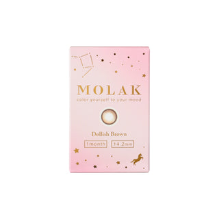 EyeCandys Molak 1-Day Dollish Brown (10pk) prescription colored contact lens box packaging, Korean daily disposable brown contact lenses with UV blocking, natural three-tone circle lenses for dark eyes, 10 pack cosmetic contacts