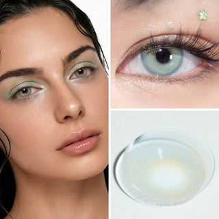 A collage featuring: a woman wearing EyeCandys Pink Label Mykonos Blue lenses, a close-up of an eye with decorative stones, and a single Mykonos Blue contact lens on a white surface.