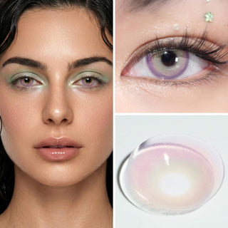 Collage of model wearing EyeCandys Mykonos Pink prescription colored contact lenses, close-up of her eye, and macro shot of the lens