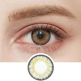 A close-up of an eye wearing NEO Vision Cosmo Grey coloured contact lenses by NEO Vision, featuring a grey patterned design. Below the eye, a separate image shows the detailed cosmetic lens design.