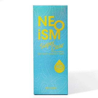 A blue rectangular box labeled "NEO Vision Neoism Super Clear (50pk)" in yellow text, featuring a water droplet graphic and 60% hydro content. The vibrant, minimal package highlights clear daily contact lenses from NEO Vision.