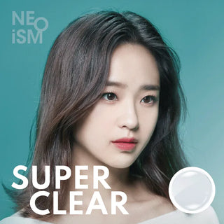 A woman with long, dark hair and soft makeup looks to the side against a teal background. "NEO Vision" appears in the top left, "Neoism Super Clear (50pk)" at the bottom, alongside a stylized daily contact lenses image.