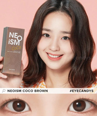 A smiling woman with shoulder-length dark hair holds a NEO Vision Neoism Coco Brown (50pk) box. A close-up below highlights her brown eyes wearing the prescription contacts. Text shows "NEO VISION NEOISM COCO BROWN (50PK)" and "#EYECANDYS".