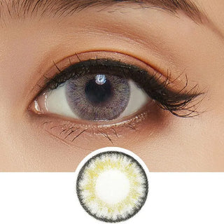 A close-up shows an eye wearing NEO Vision Cosmo Grey circle lenses by NEO Vision, featuring a dark outer ring and yellowish pattern. Below, a magnified view highlights the intricate design of these coloured contact lenses.