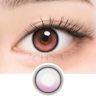 A close-up of an eye wearing i-Girl One Pick Balance Peach Bloom Pink contacts by i-Girl, plus a design image showing their soft pink center and dark outer ring for eye enlargement.