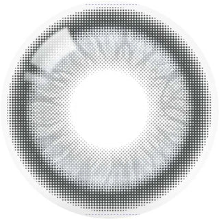A single Olola Meow Vivid Burman Grey contact lens by Olola, featuring a dotted pattern around the iris and a clear center, is shown from above on a white background—ideal color contacts for dark eyes.