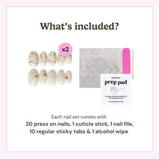 EyeCandys press on nails kit showing 20 reusable nails, cuticle stick, nail file, 10 sticky tabs, and alcohol wipe included in every set.