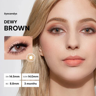 Close-up of Pink Label Dewy Brown contact lenses creating a natural, dewy brown eye look