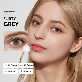 Model wearing Pink Label Flirty Grey colored contact lenses with soft grey eye enhancement