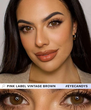 A woman with smooth, medium skin, brown eyes, and dark hair wears natural makeup and hoop earrings. A close-up shows her brown eyes subtly enlarged with EyeCandys Pink Label Vintage Brown color contact lenses for a gentle dolly look.
